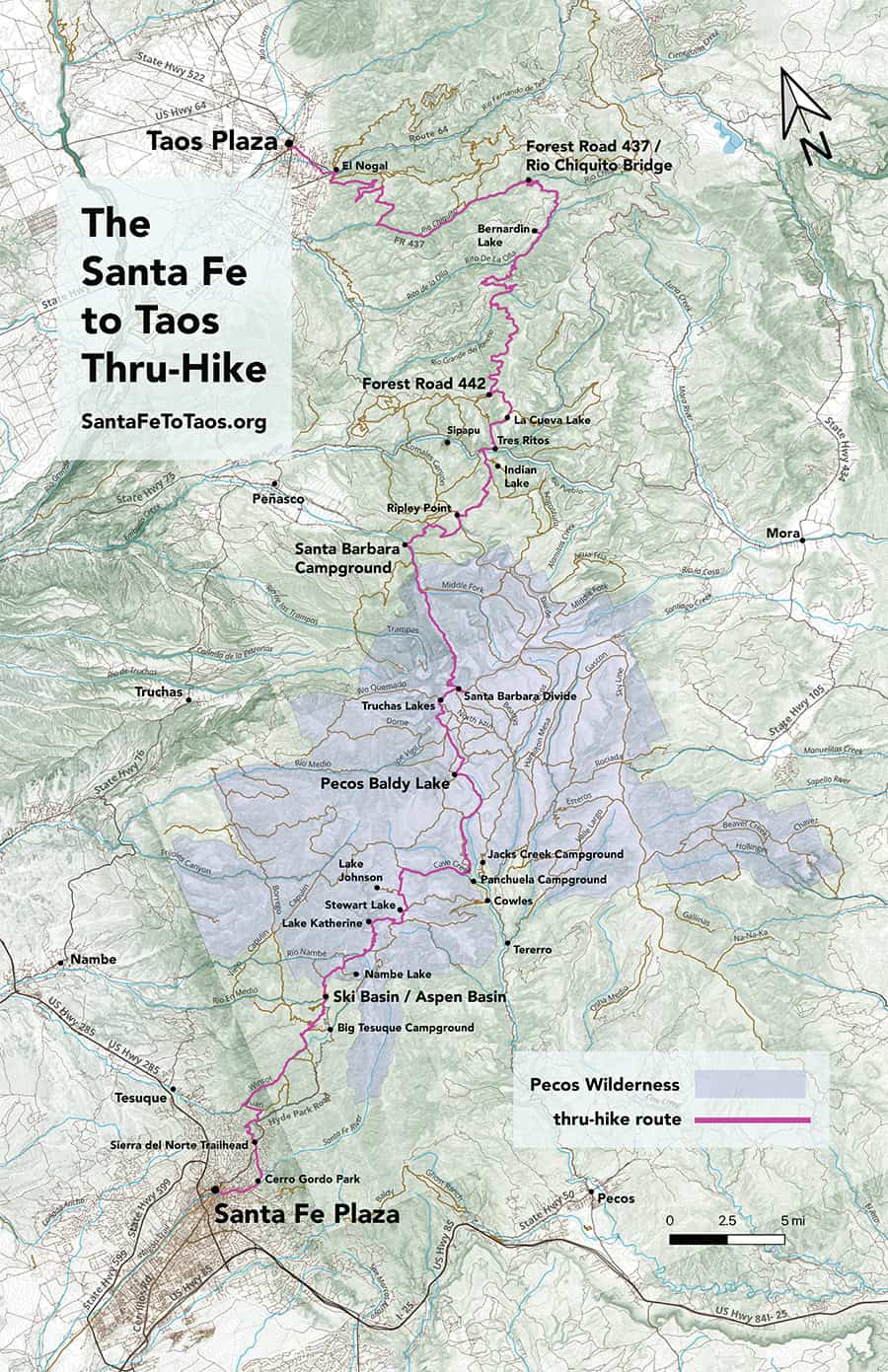 Plaza to Plaza Thru-Hike Map. 132 from Santa Fe Plaza to Taos Plaza over the Sangre de Cristo Mountains.