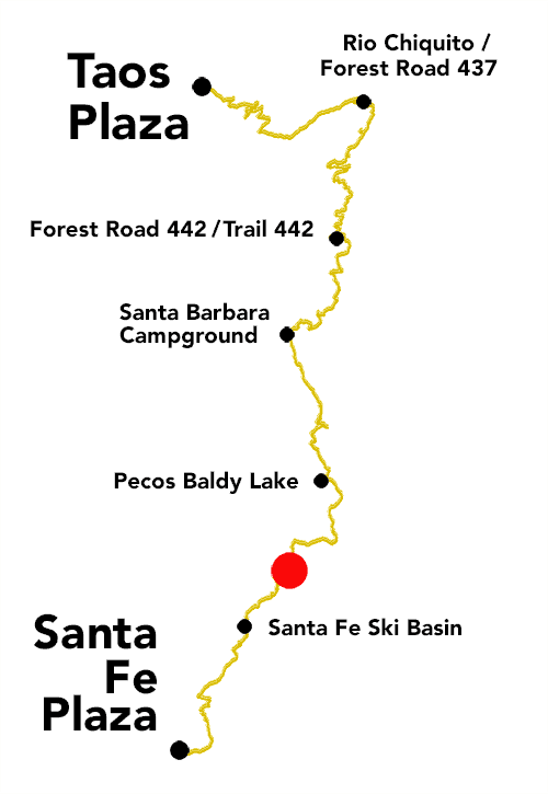 Plaza to Plaza Thru-Hike thumbnail map new views due due tree death along Skyline Trail, Pecos Wilderness