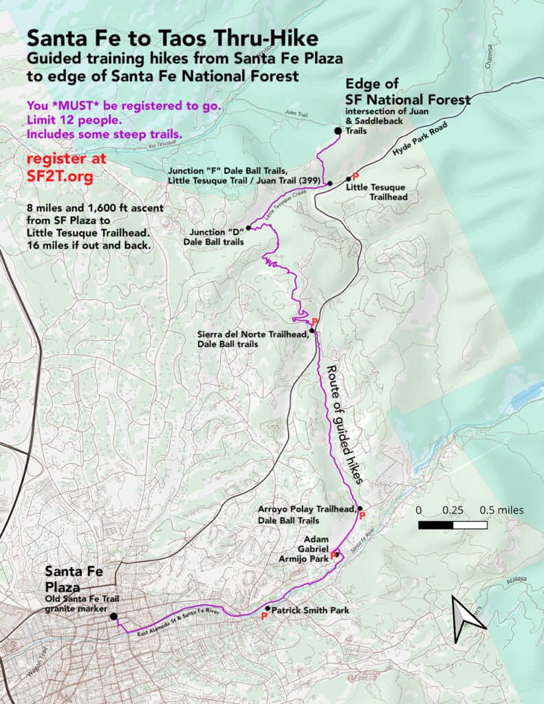 Santa Fe to Taos Thru-Hike trail map with key trail points and elevation details.
