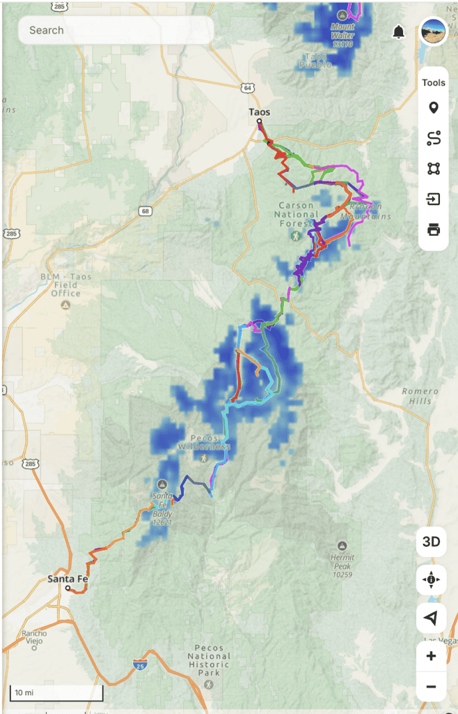 Hiking trail map of Santa Fe to Taos Thru-Hike showing trail conditions on March 20, 2026.
