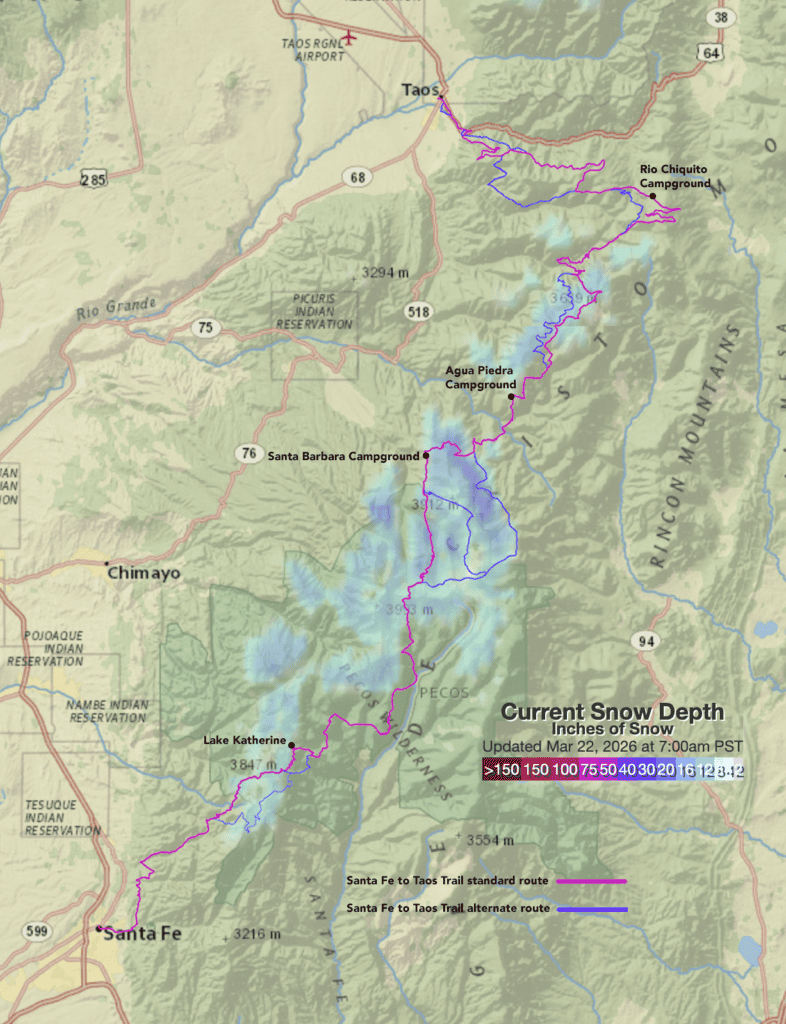 A map of the Santa Fe to Taos Trail showing current snow conditions.