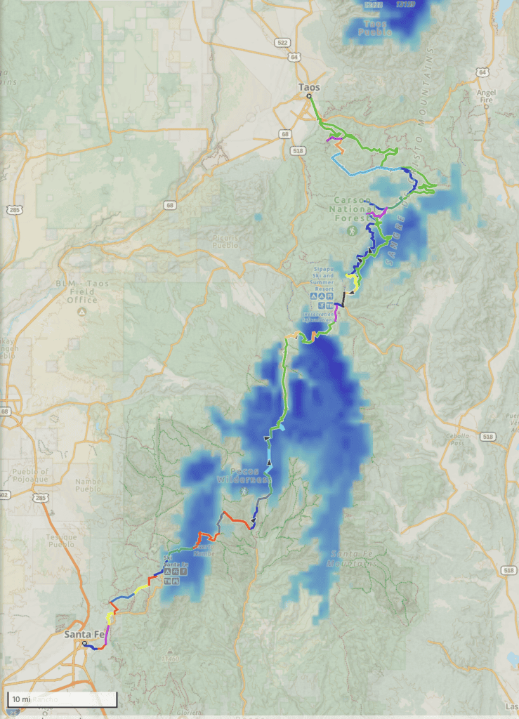 Hiking trail map of the Santa Fe to Taos Thru-Hike showing trail conditions on April 5.