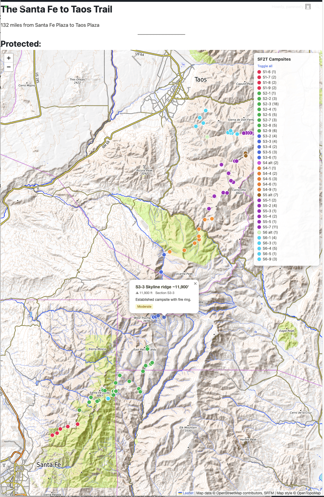 Scenic trail map of the Santa Fe to Taos Thru-Hike with campsite monitoring and protected areas high.