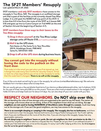 The Santa Fe to Taos Thru-Hike: SF2T Members Resupply Instructions and Resources.