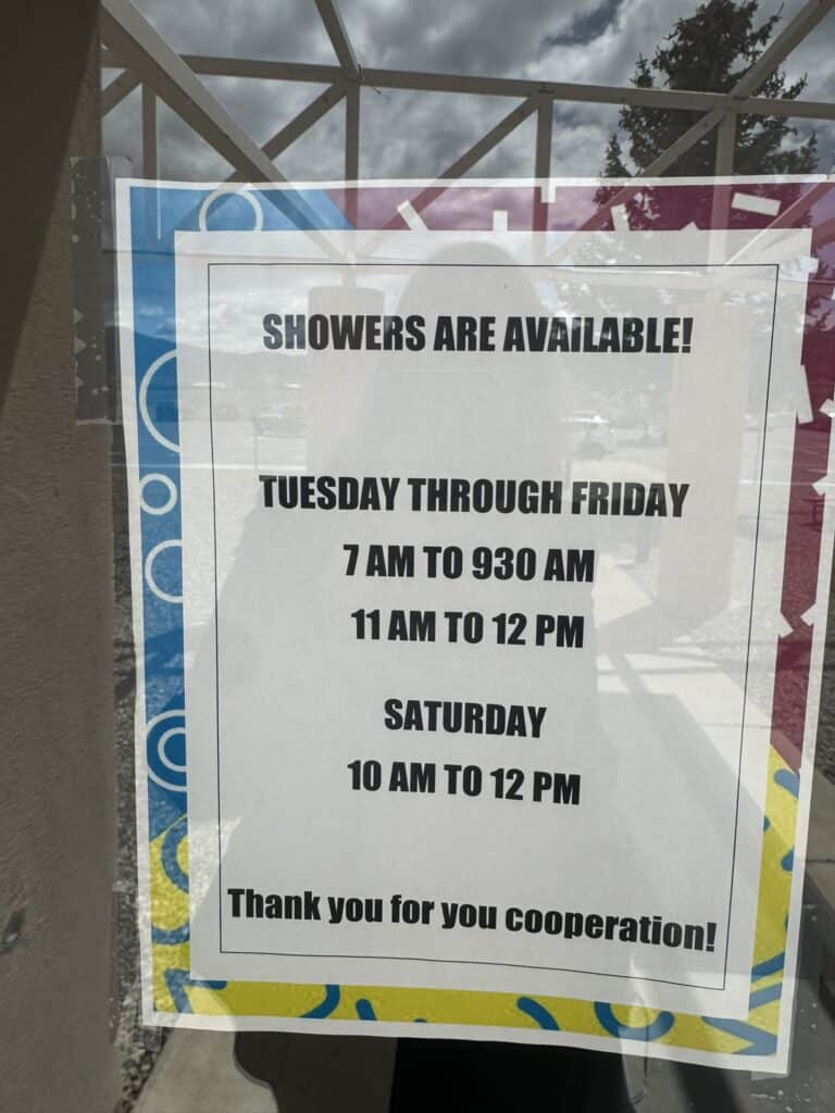 Accessible shower hours notice for Santa Fe to Taos Thru-Hike trail users.
