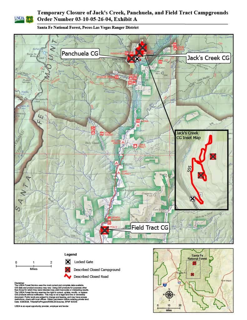 Temporary closure of Jack's Creek, Panchuela, and Field Tract campgrounds in Santa Fe National Fores.