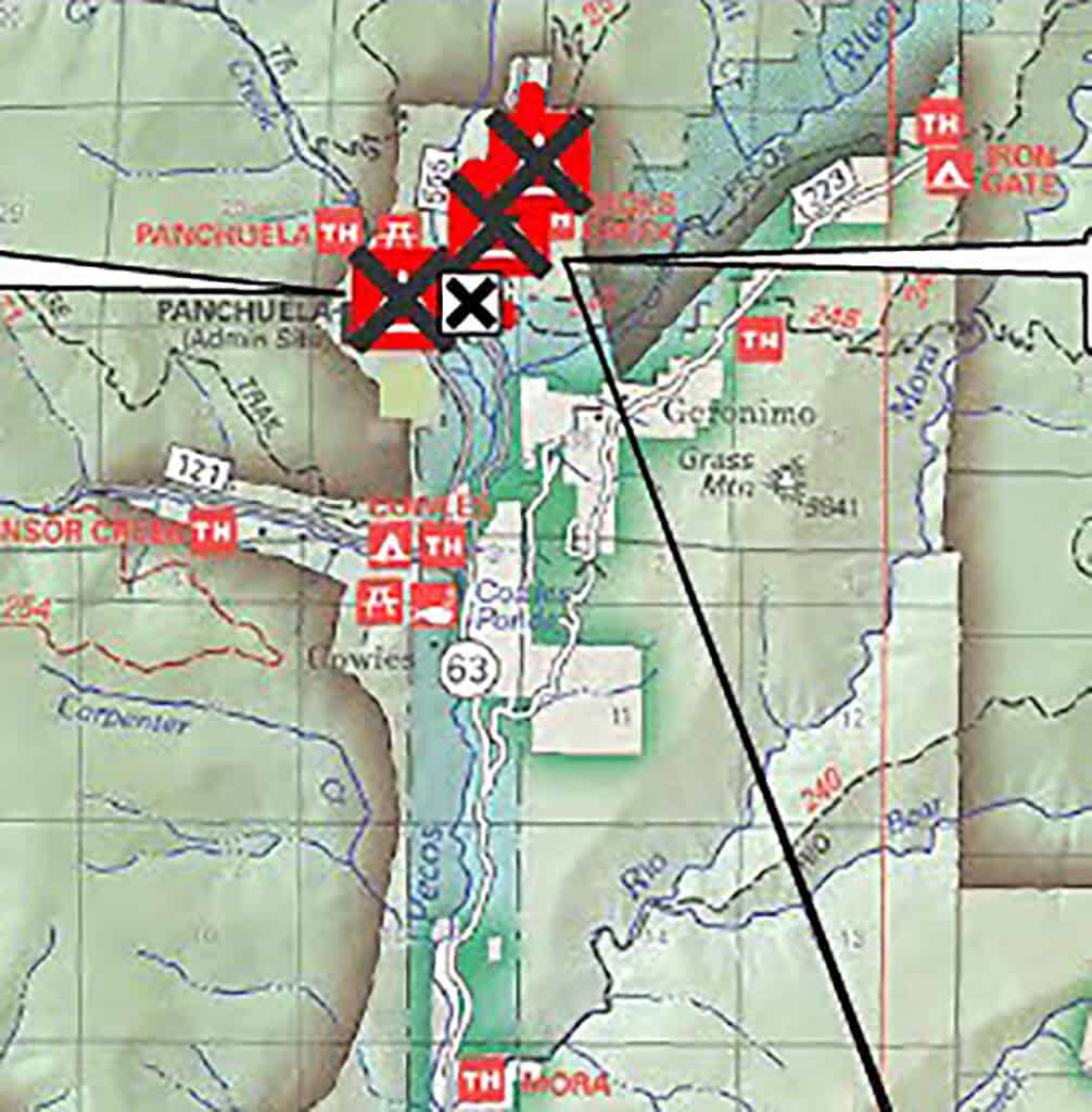 Scenic trail map of Santa Fe to Taos Thru-Hike highlighting trailheads, campsites, and route options.