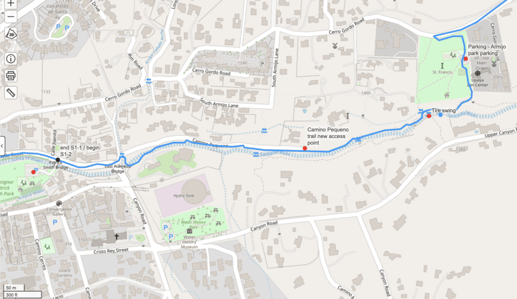 Map of Santa Fe to Taos Thru-Hike trail with key points and access points.