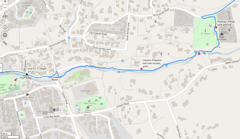 Map of Santa Fe to Taos Thru-Hike trail with key points and access points.