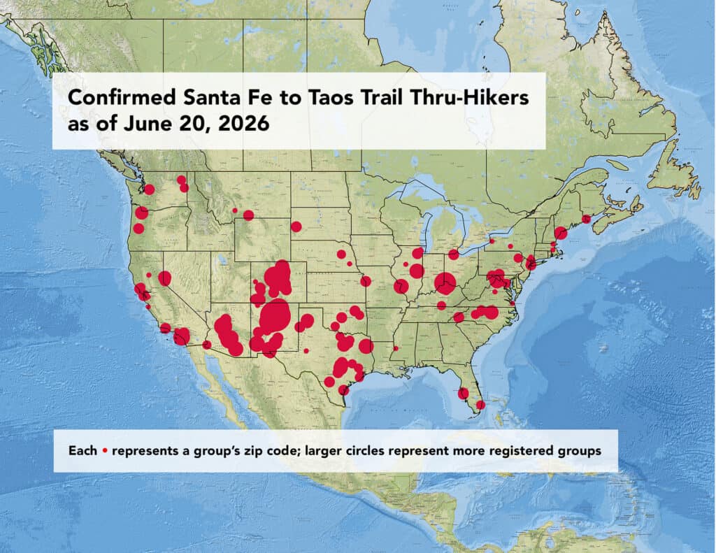 Map showing confirmed Santa Fe to Taos Trail hikers for 2026 season with red markers.