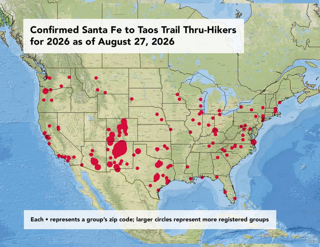 Map of confirmed Santa Fe to Taos trail groups for 2026 with red dots.