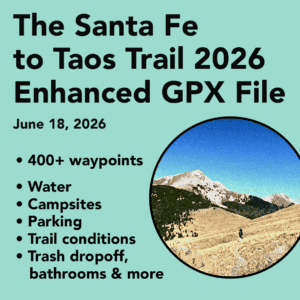 Map of the Santa Fe to Taos Trail with trail details and waypoints.