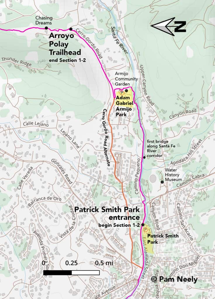 Map of Santa Fe to Taos Thru-Hike showing trail sections and landmarks.