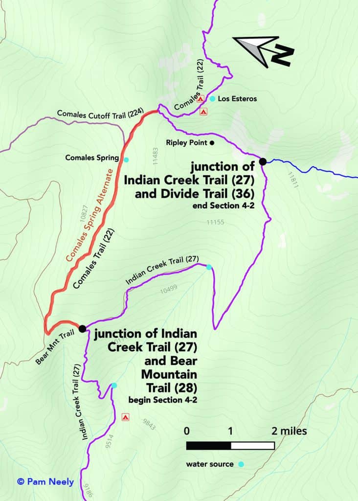 Trail map showing Indian Creek Trail, Divide Trail, and junctions near Santa Fe to Taos hike.