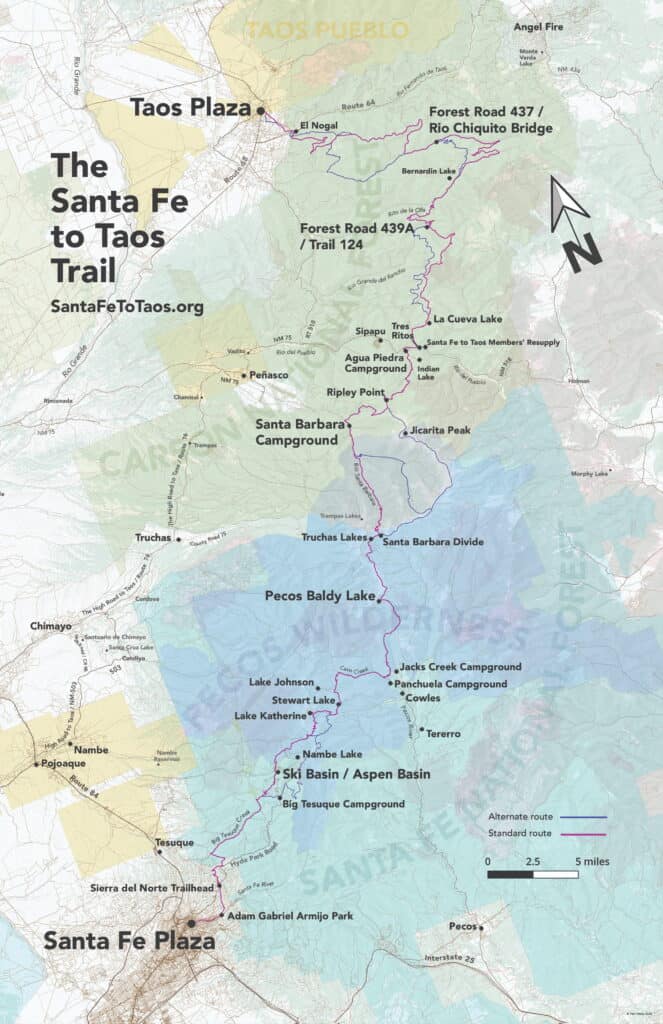 Map of the Santa Fe to Taos Trail with key landmarks and campsites. 2026 route. Copyright Pam Neely.