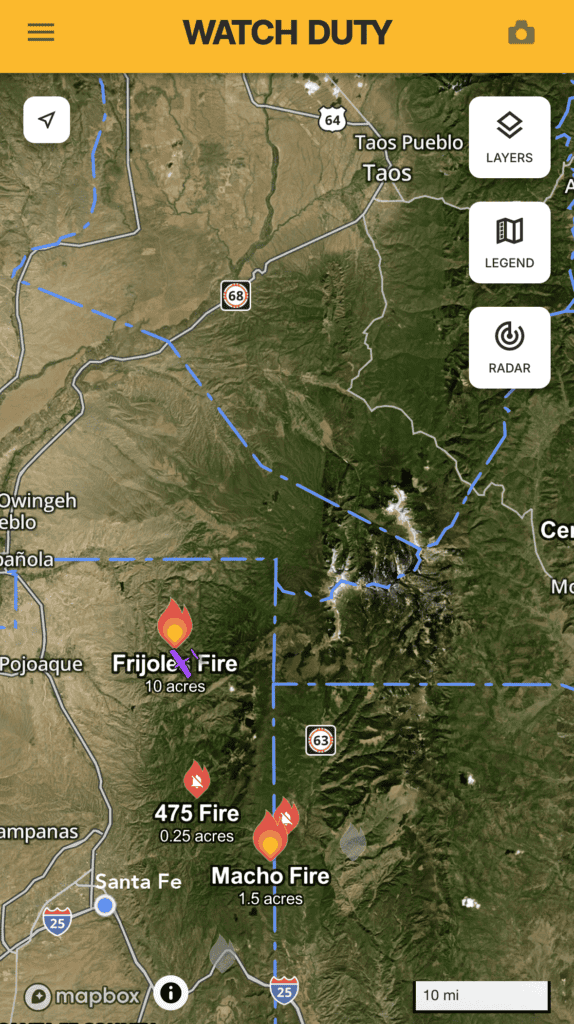 Map showing fire locations along the Santa Fe to Taos Thru-Hike route.