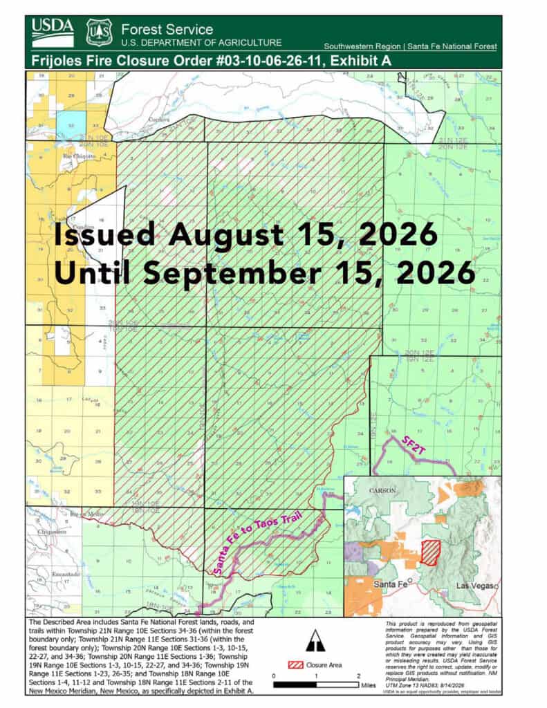 Map of Santa Fe to Taos trail with the closure area marked with red diagonal hatching, while the SF2T route line is in purple.