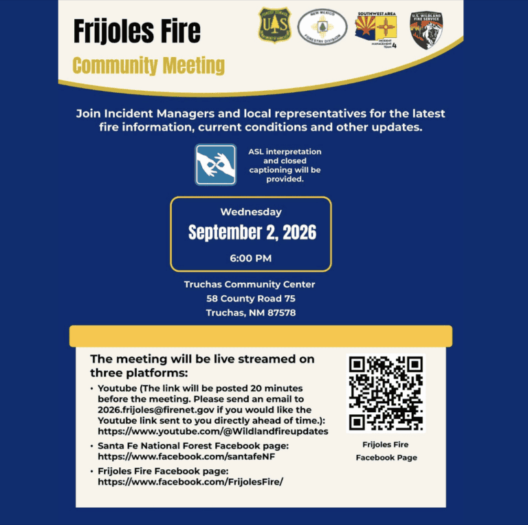 Frijoles Fire community meeting flyer with date, location, and streaming info.