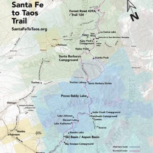 Map of the Santa Fe to Taos Thru-Hike trail with key campsites and routes.