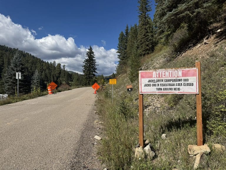 Road closed sign at Jack's Creek Campground during the Santa Fe to Taos Thru-Hike.